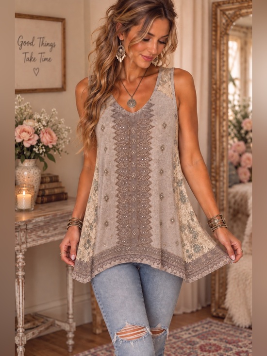 Vocal Tops - Vocal Rhinestone Lace Boho Tunic Tank Top Hi Low Made USA M
